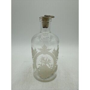 Vintage Apothecary Jar Bottle Etched Glass Floral Metal Cork Stopper Shafford